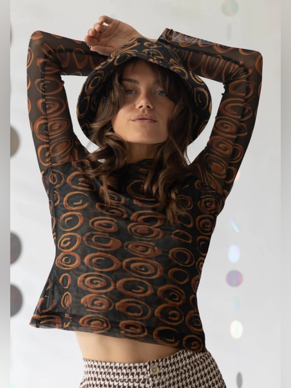 Find Me Now sheer mesh turtleneck brown and orange abstract circle pattern.S